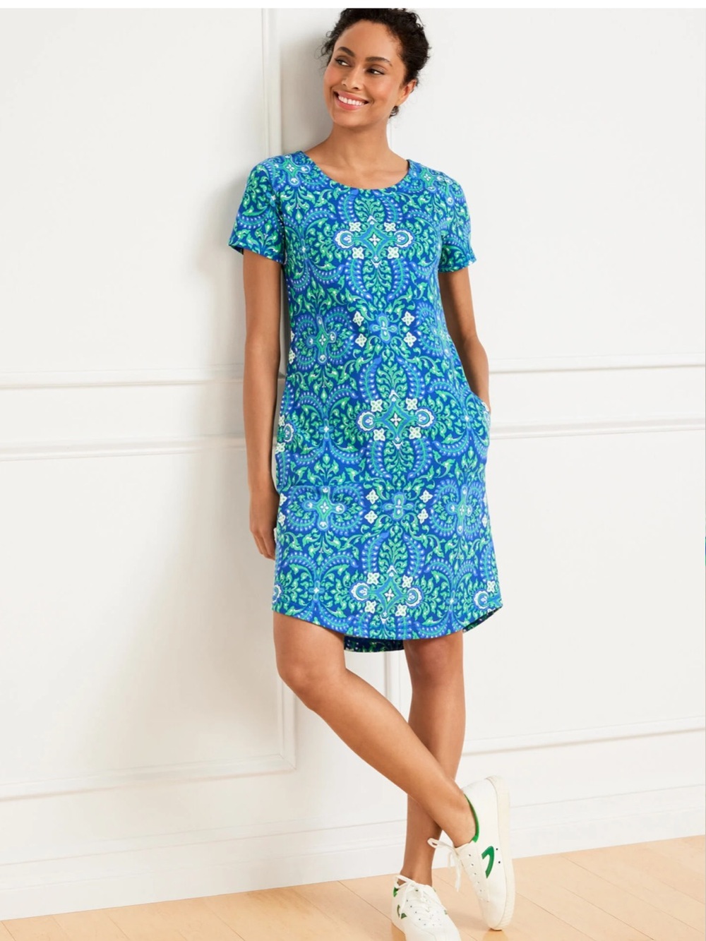 Talbots French Terry Cross Back Dress Royal Medallion Short Sleeve XL Petite